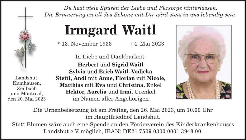 Traueranzeige Irmgard Waitl