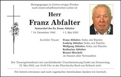 Traueranzeige Franz Abfalter