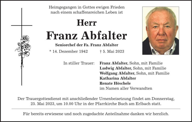 Traueranzeige Franz Abfalter