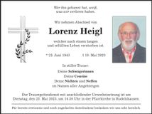 Traueranzeige Lorenz Heigl