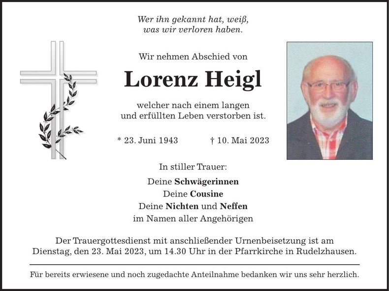 Traueranzeige Lorenz Heigl