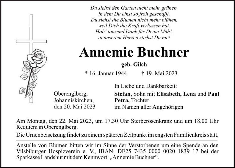 Traueranzeige Annemie Buchner