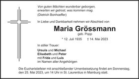 Traueranzeige Maria Grössmann