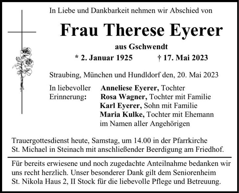 Traueranzeige Therese Eyerer