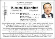 Traueranzeige Klemens Hastreiter