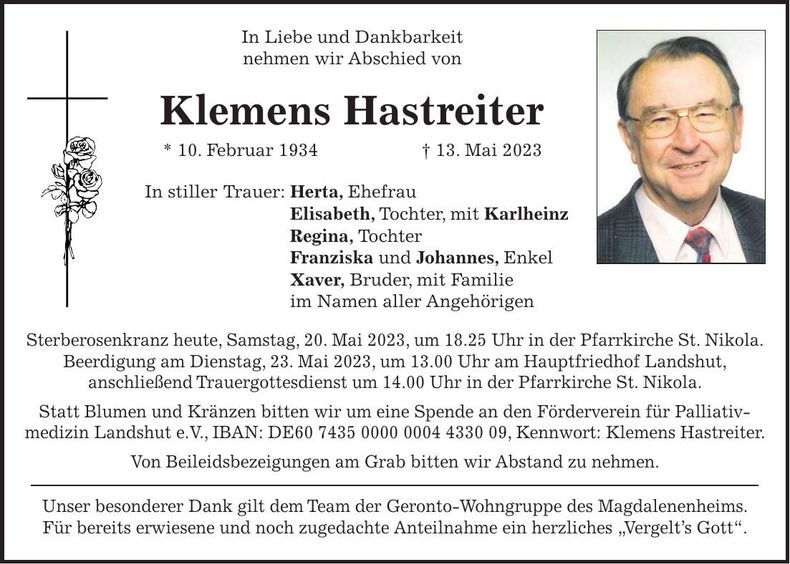 Traueranzeige Klemens Hastreiter
