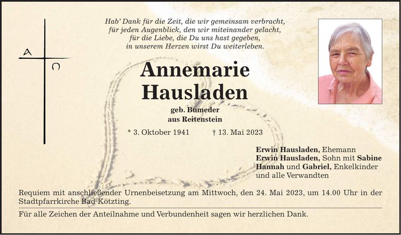 Traueranzeige Annemarie Hausladen