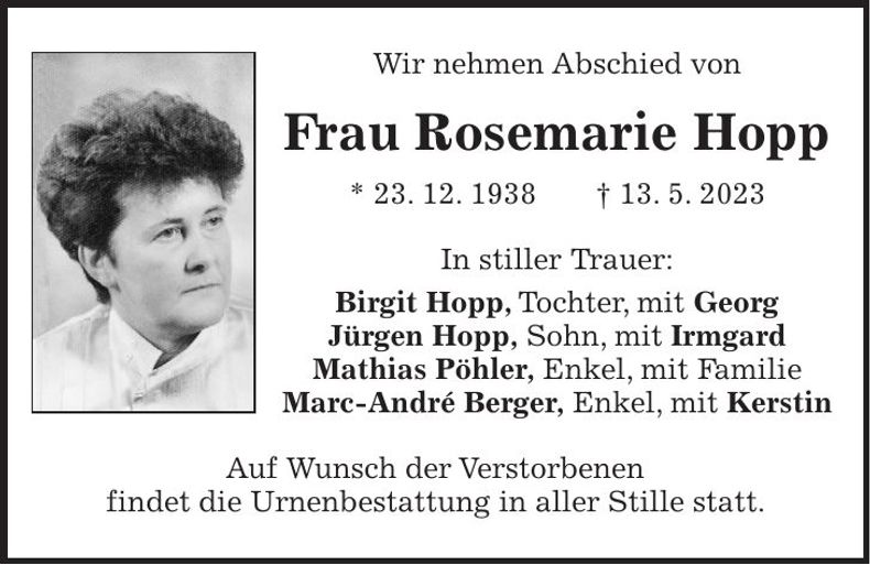 Traueranzeige Rosemarie Hopp