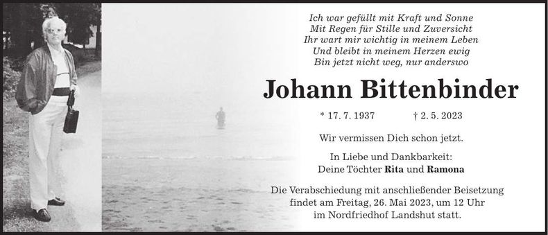 Traueranzeige Johann Bittenbinder