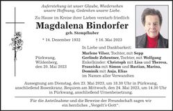 Traueranzeige Magdalena Bindorfer