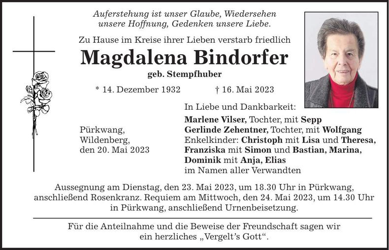 Traueranzeige Magdalena Bindorfer