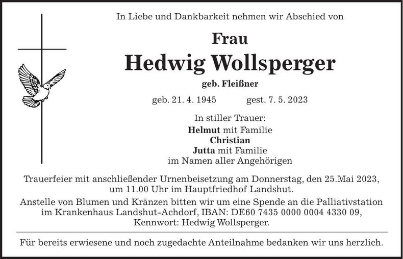 Traueranzeige Hedwig Wollsperger