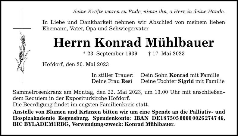 Traueranzeige Konrad Mühlbauer