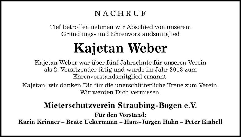 Traueranzeige Kajetan Weber