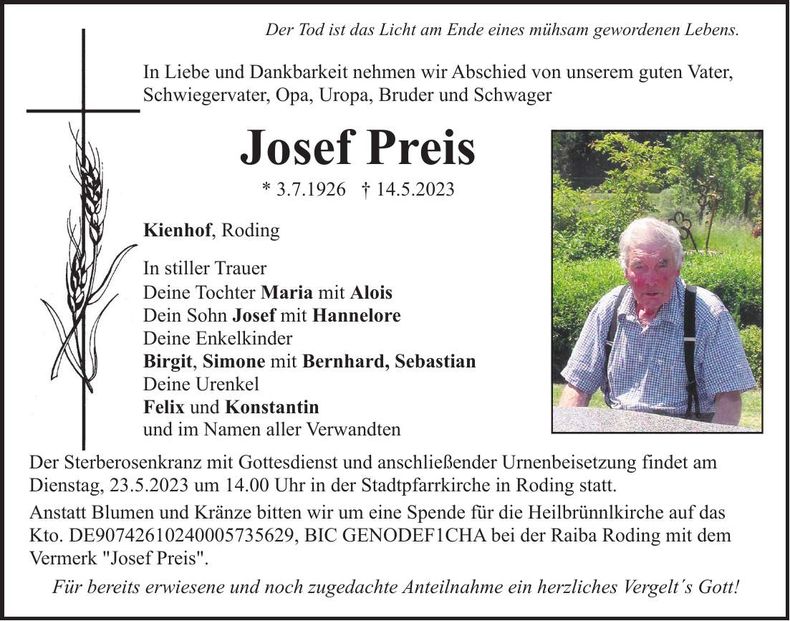 Traueranzeige Josef Preis