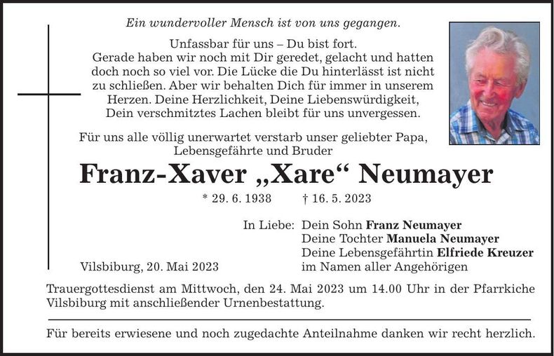 Traueranzeige Franz-Xaver "Xare" Neumayer