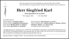 Traueranzeige Siegfried Karl