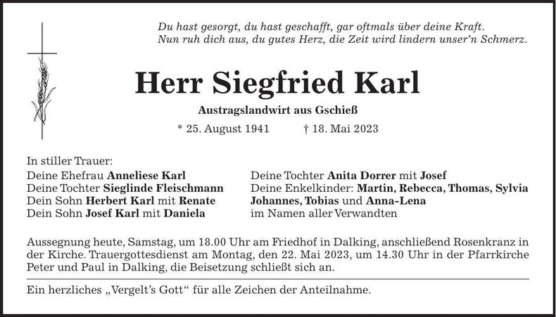 Traueranzeige Siegfried Karl