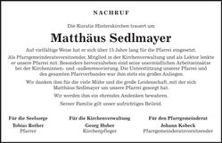 Traueranzeige Matthäus Sedlmayer