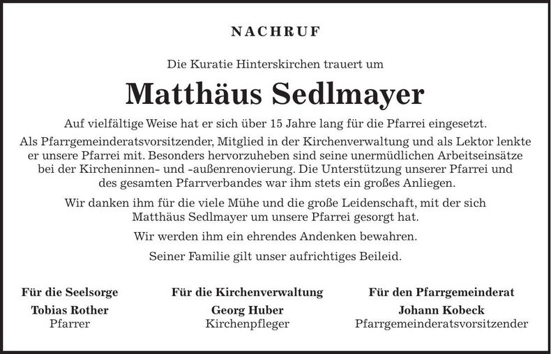Traueranzeige Matthäus Sedlmayer