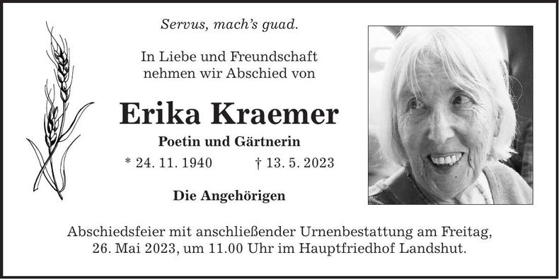 Traueranzeige Erika Kraemer