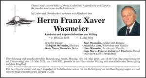 Traueranzeige Franz Xaver Wasmeier