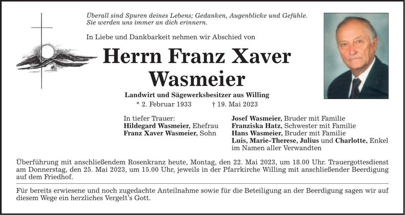 Traueranzeige Franz Xaver Wasmeier