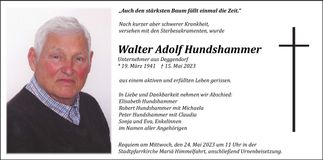 Traueranzeige Walter Adolf Hundshammer