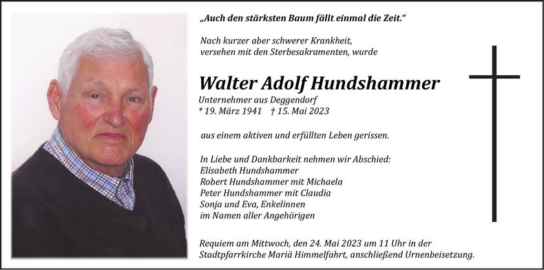 Traueranzeige Walter Adolf Hundshammer