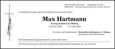 Traueranzeige Max Hartmann