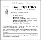 Traueranzeige Helga Felber