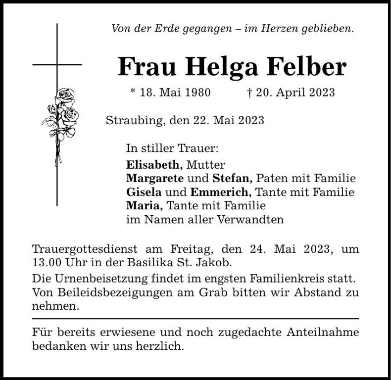 Traueranzeige Helga Felber