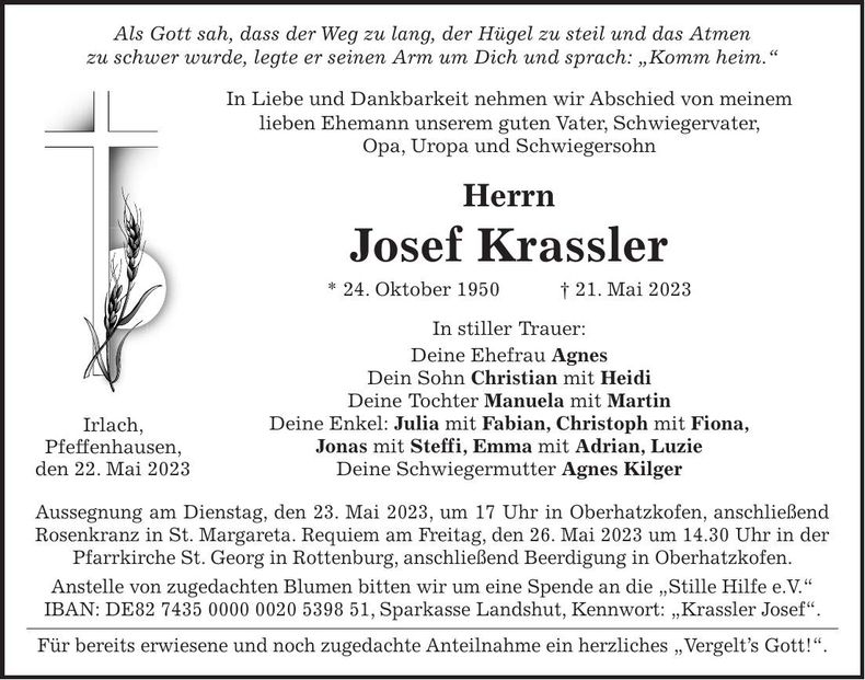 Traueranzeige Josef Krassler