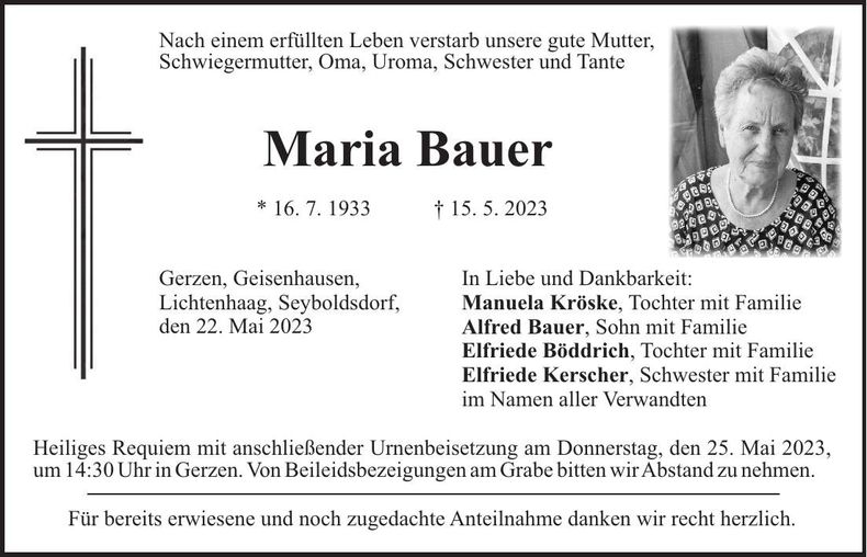 Traueranzeige Maria Bauer