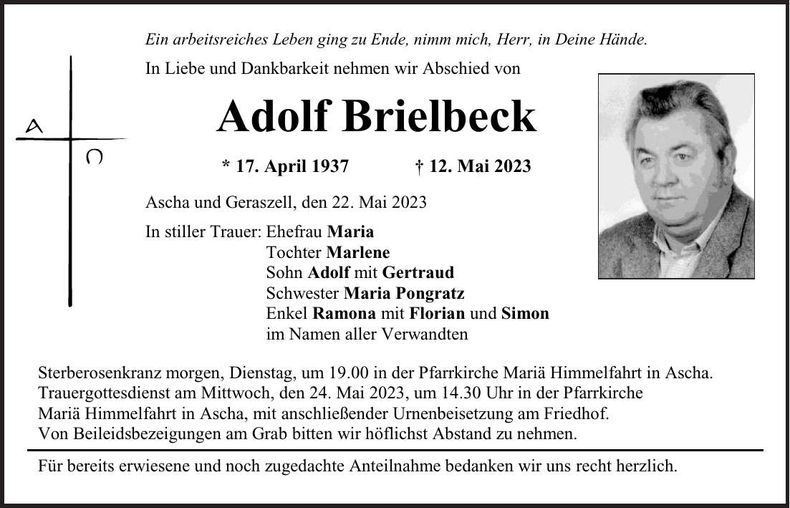Traueranzeige Adolf Brielbeck
