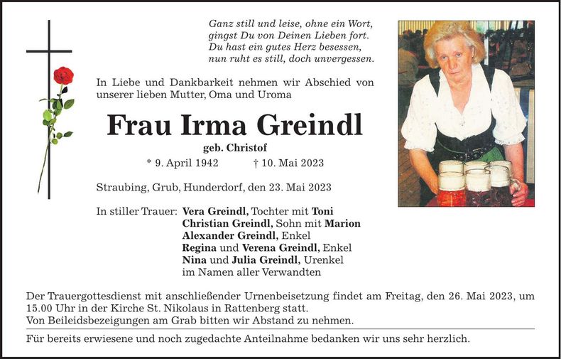 Traueranzeige Irma Greindl