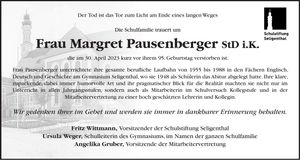 Traueranzeige Margret Pausenberger