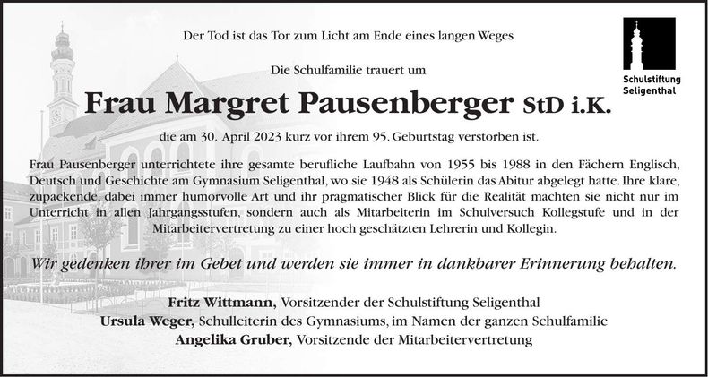Traueranzeige Margret Pausenberger