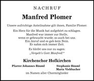 Traueranzeige Manfred Plomer
