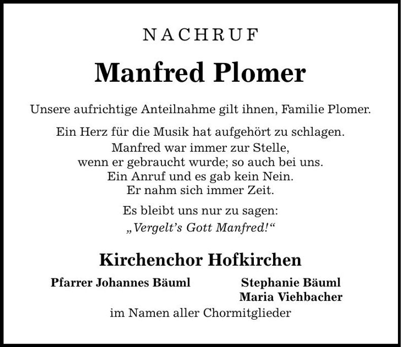 Traueranzeige Manfred Plomer
