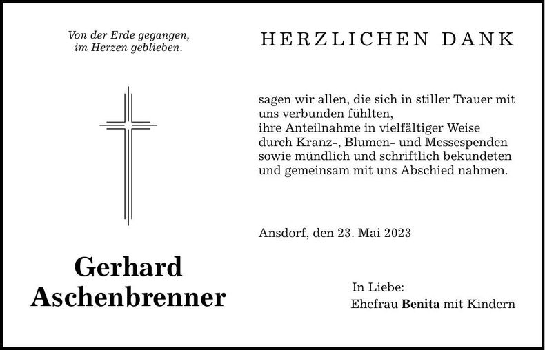 Traueranzeige Gerhard Aschenbrenner