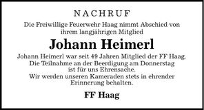 Traueranzeige Johann Heimerl