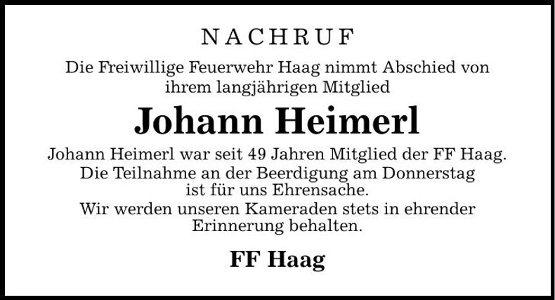 Traueranzeige Johann Heimerl