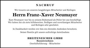 Traueranzeige Franz-Xaver Neumayer