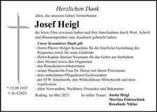 Traueranzeige Josef Heigl