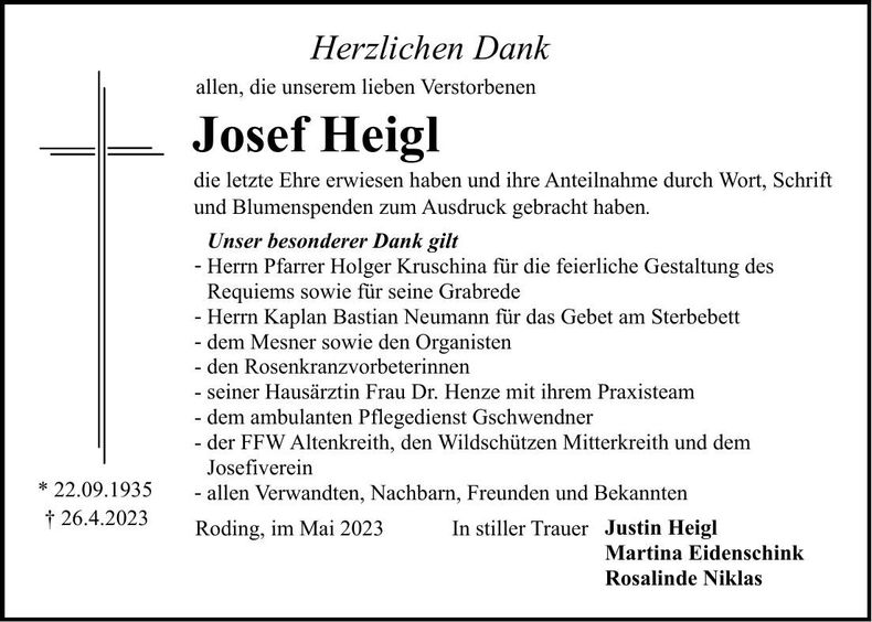 Traueranzeige Josef Heigl