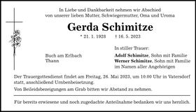 Traueranzeige Gerda Schimitze