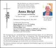 Traueranzeige Anna Heigl