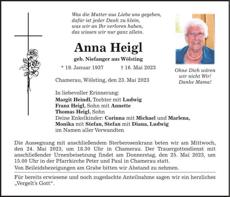 Traueranzeige Anna Heigl
