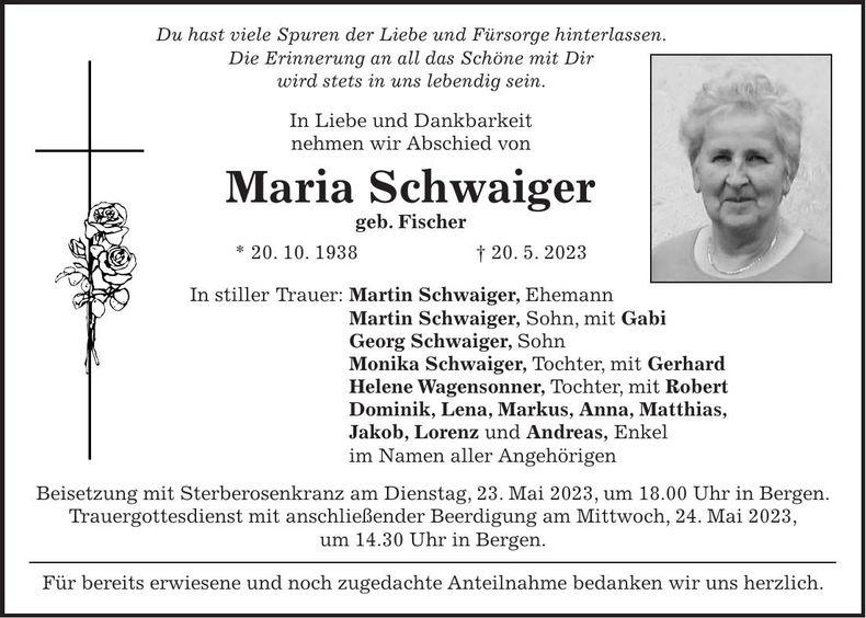 Traueranzeige Maria Schwaiger